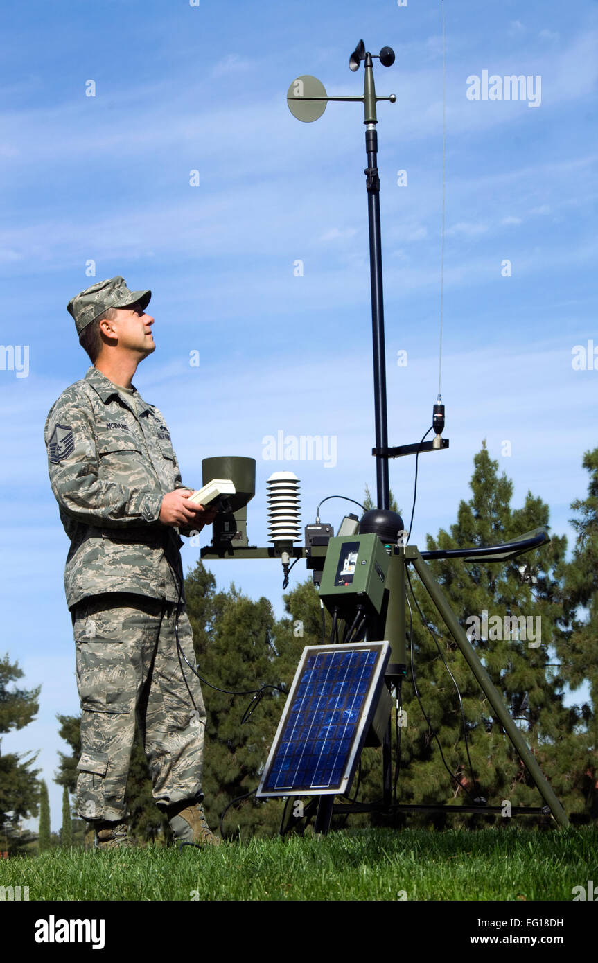 U.S. Air Force Master Sgt. John McDaniel, a member of the 60th Operations Support Squadron, ensures the Tactical Meteorological Observing System is in working order for an upcoming Operational Readiness Inspection at Travis Force Base, Calif. Sergeant McDaniel is the weather flight noncommissioned officer in charge.  Nan Wylie Stock Photo