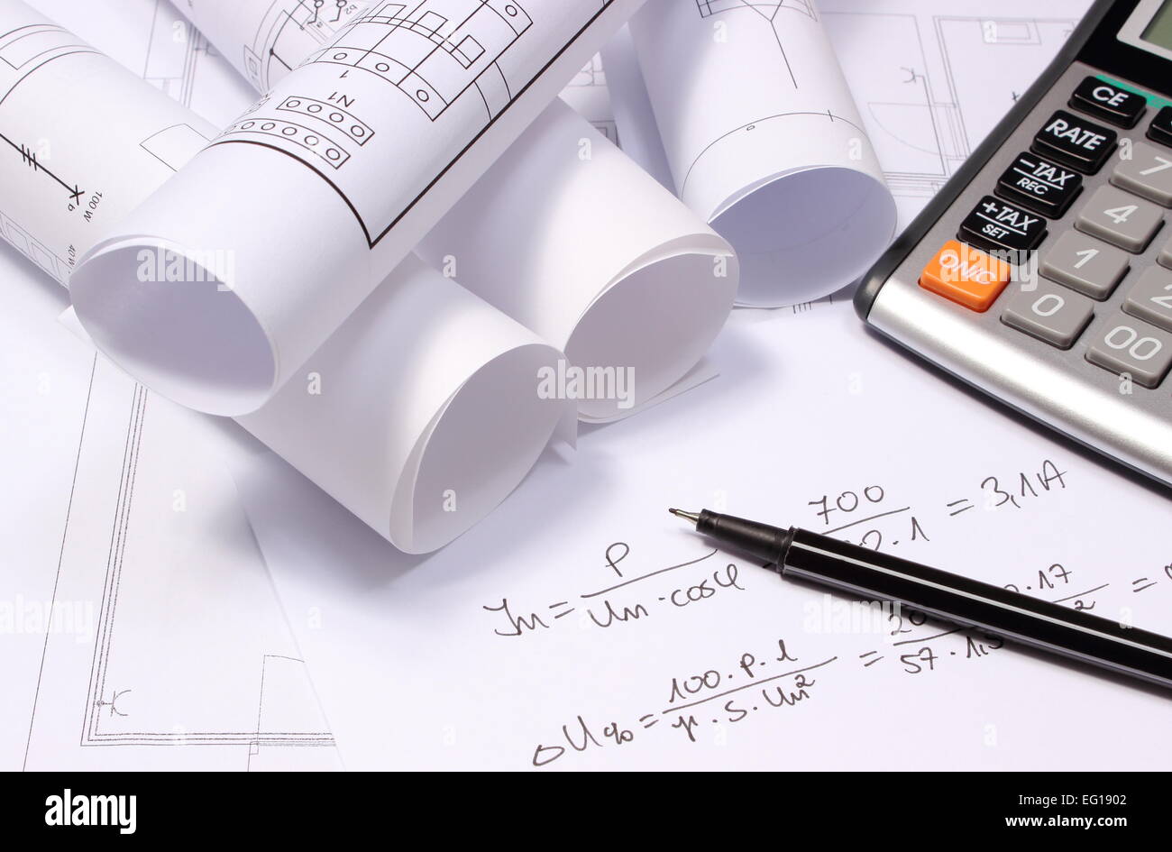 Rolled electrical diagrams, calculator and mathematical calculations