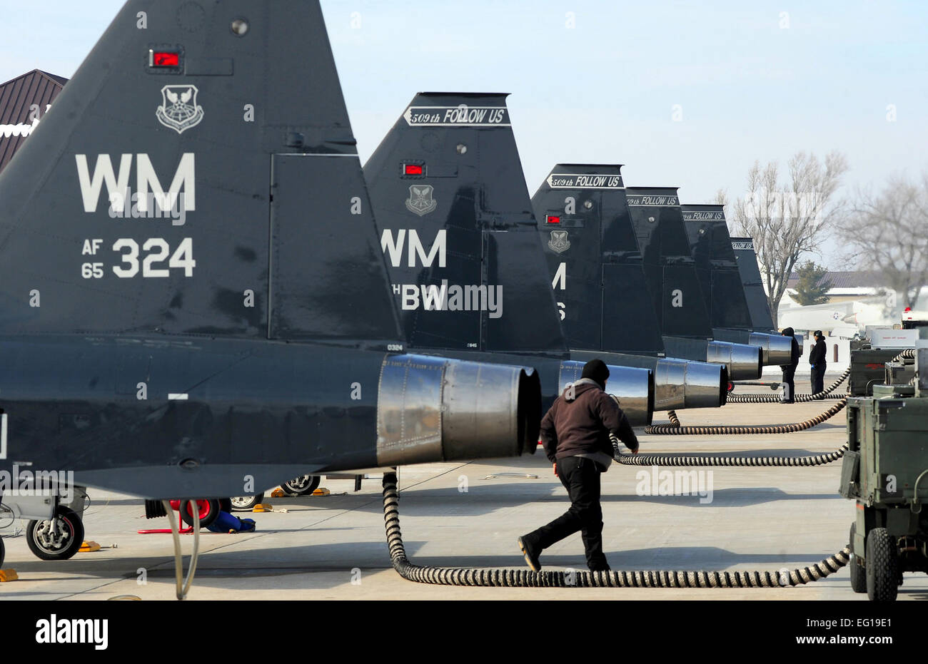 Maintainers and crew chiefs prepare several U.S. Air Force T-38 Talon aircraft for takeoff Jan. 26, 2011, at Whiteman Air Force Base, Mo.  Senior Airman Kenny Holston Stock Photo