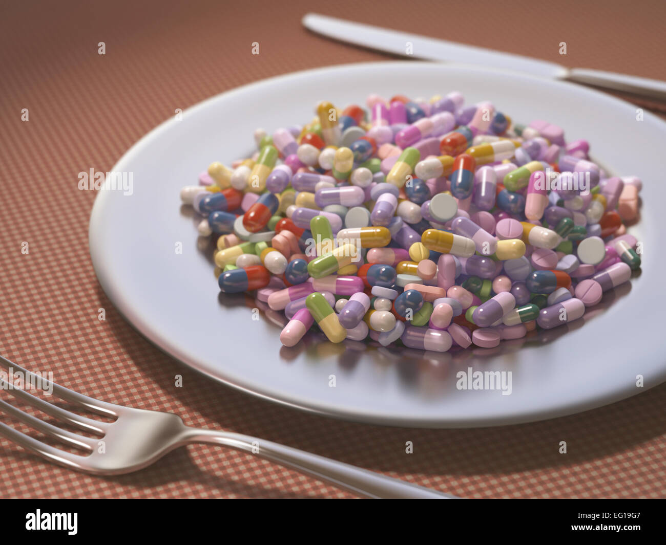 Dish full of medicines and supplements instead of food. Stock Photo