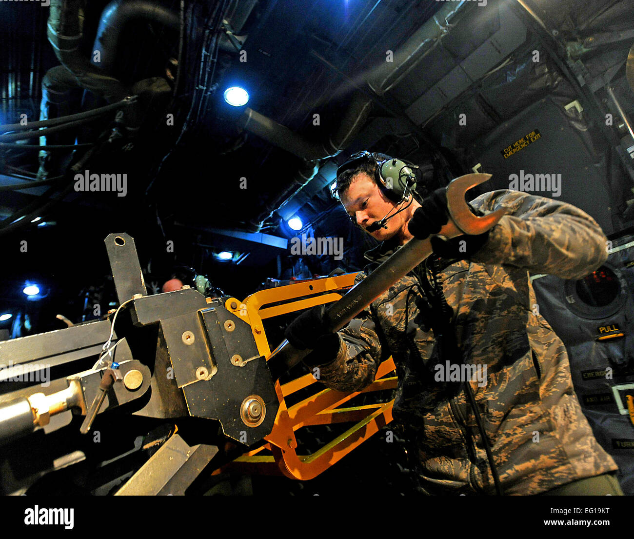 U.S. Air Force AC-130U gunship aerial gunner Staff Sgt. Mark Riley from ...