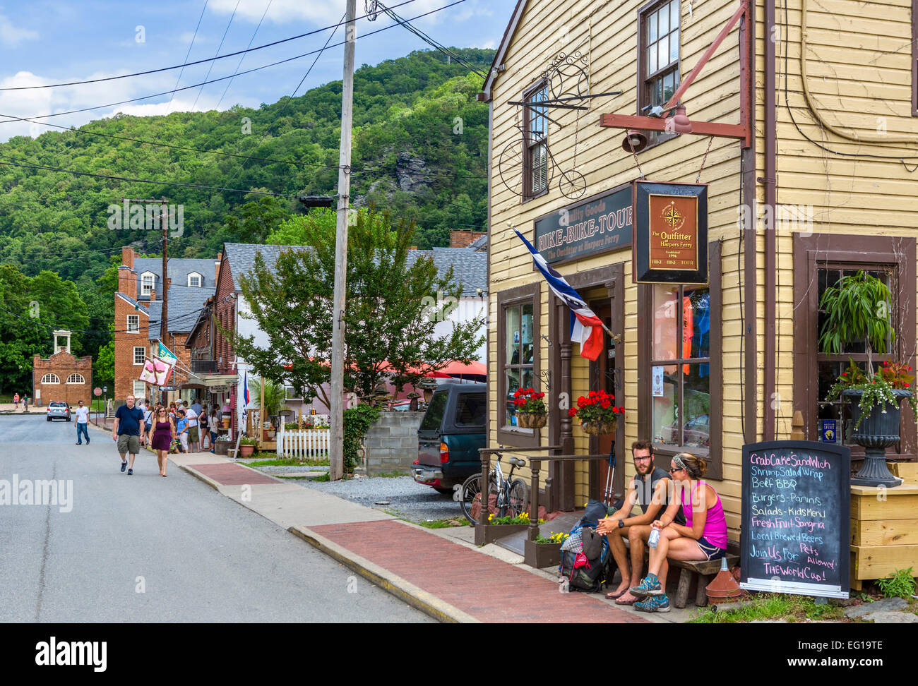 Stores and cafes on Potomac Street in historic Harpers Ferry, Harpers Ferry National Historical Park, West Virginia, USA Stock Photo