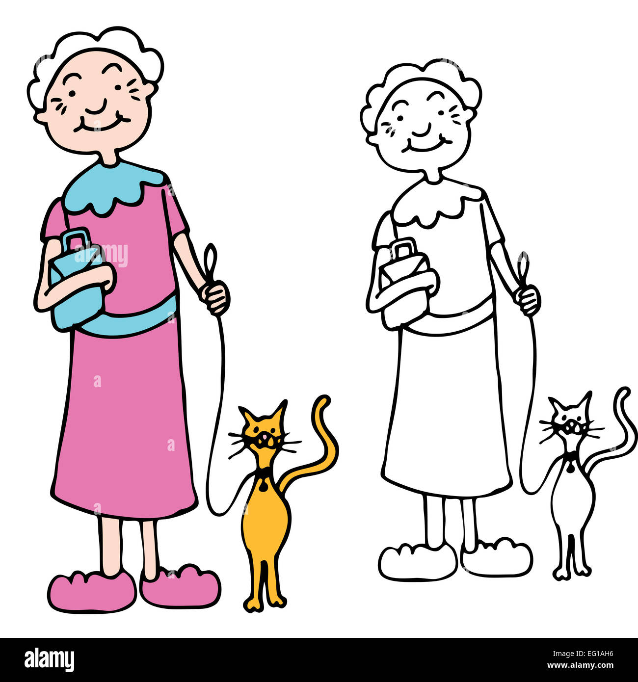 An image of a senior woman walking cat on a leash. Stock Photo