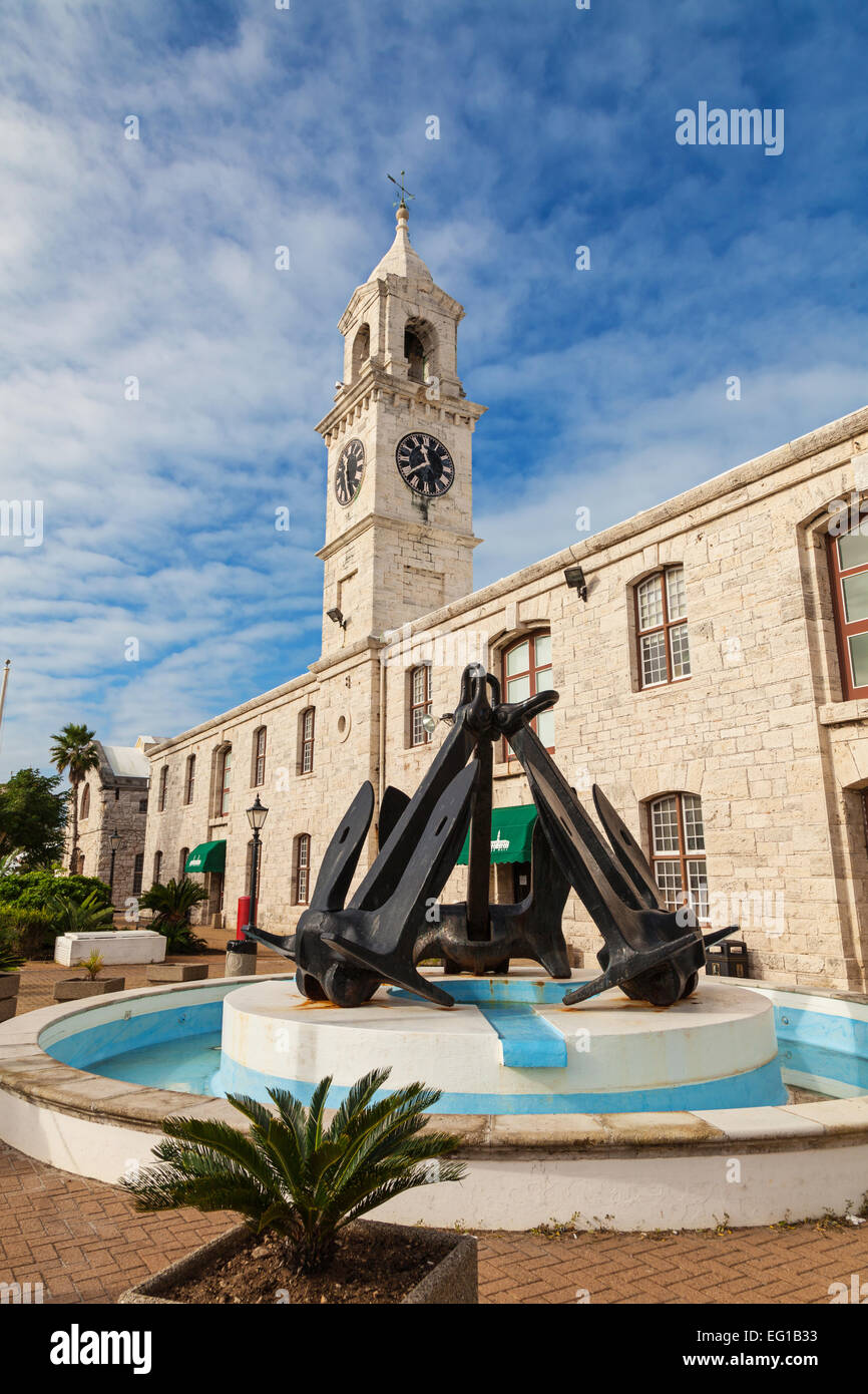 The clocktower building and anchor monument at the Royal Naval Dockyard