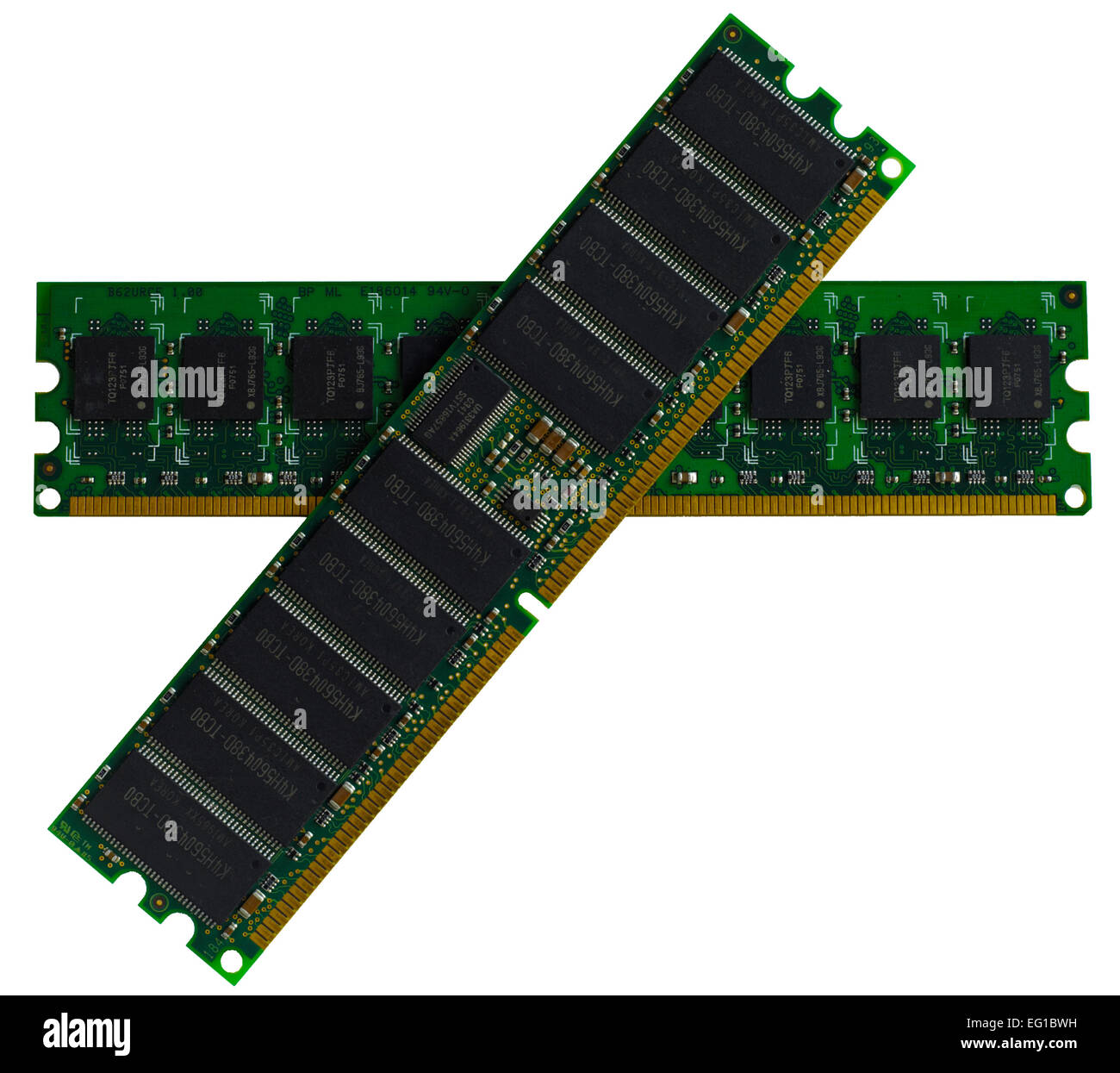 Some modules DDR RAM memory computer on white background. Were not removed the ratings of some chips Stock Photo