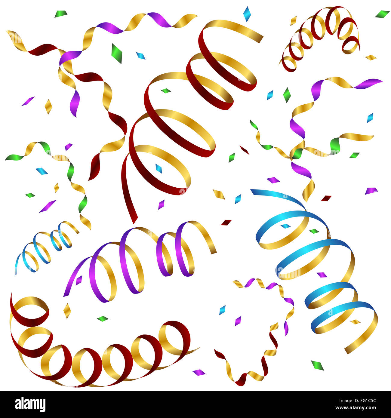 An image of falling color confetti and curled ribbons. Stock Photo