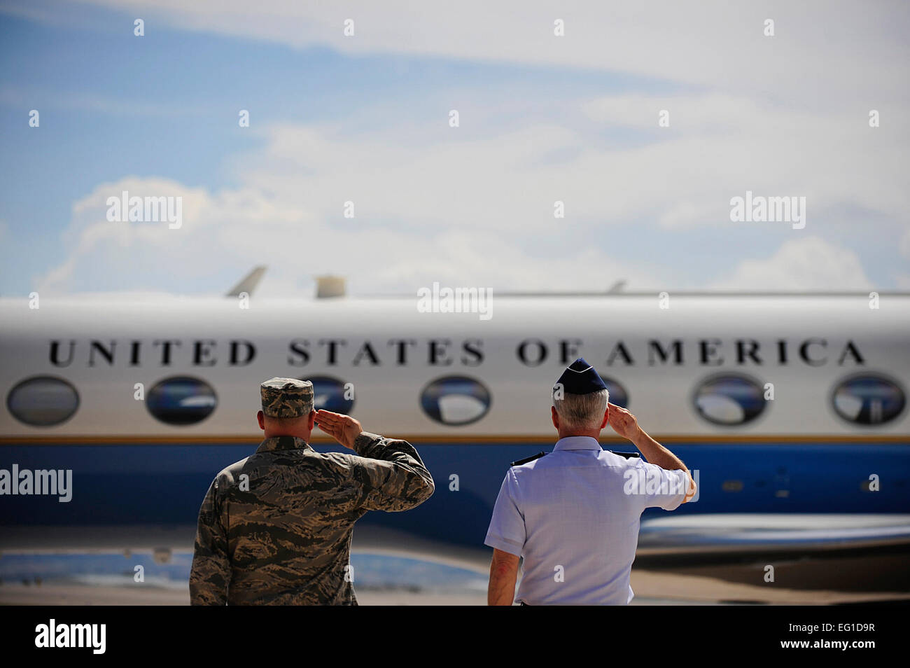 U.S. Air Force Gen. William Shelton, right, the commander of Air Force Space Command, and Air Force Col. Chris Crawford, the commander of the 21st Space Wing, salute as Defense Secretary Leon Panetta leaves Peterson Air Force Base, Colo., after visiting with leaders at North American Aerospace Defense Command and U.S. Northern Command. DoD photo by Tech. Sgt. Jacob N. Bailey, U.S. Air Force Stock Photo