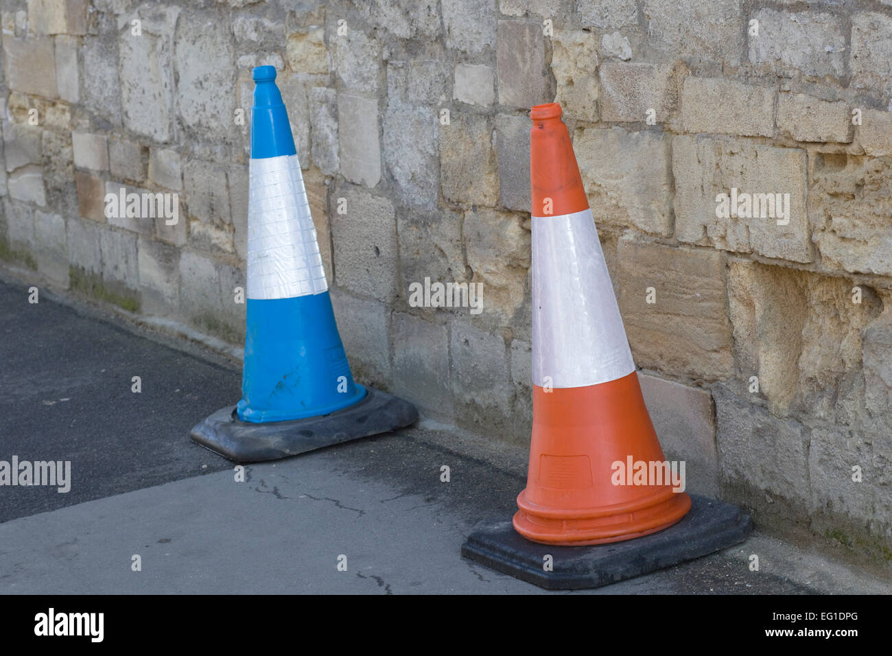 Traffic cones on a pavement in Oxford Stock Photo