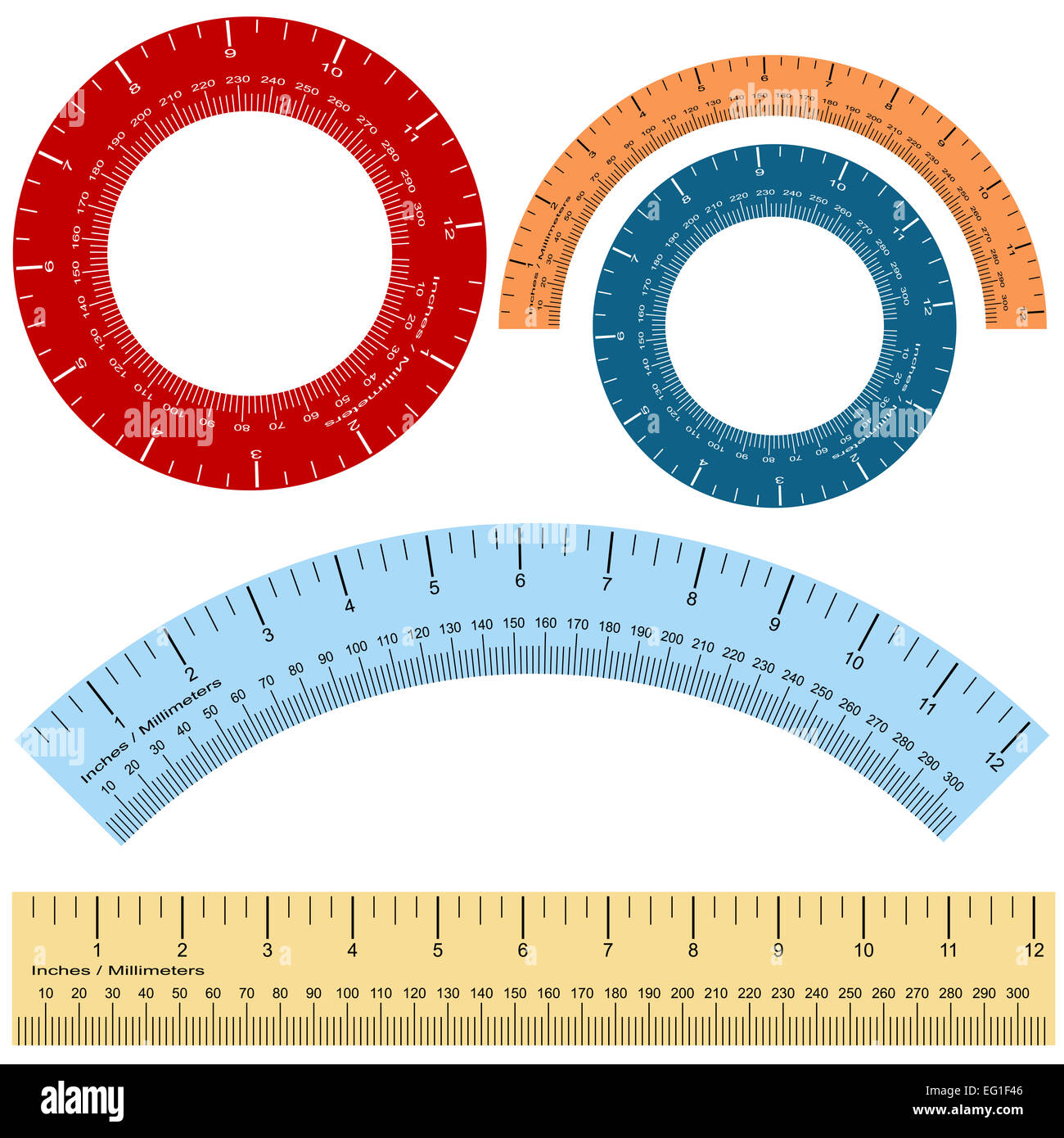 An image of a millimeter inches ruler shape set. Stock Photo