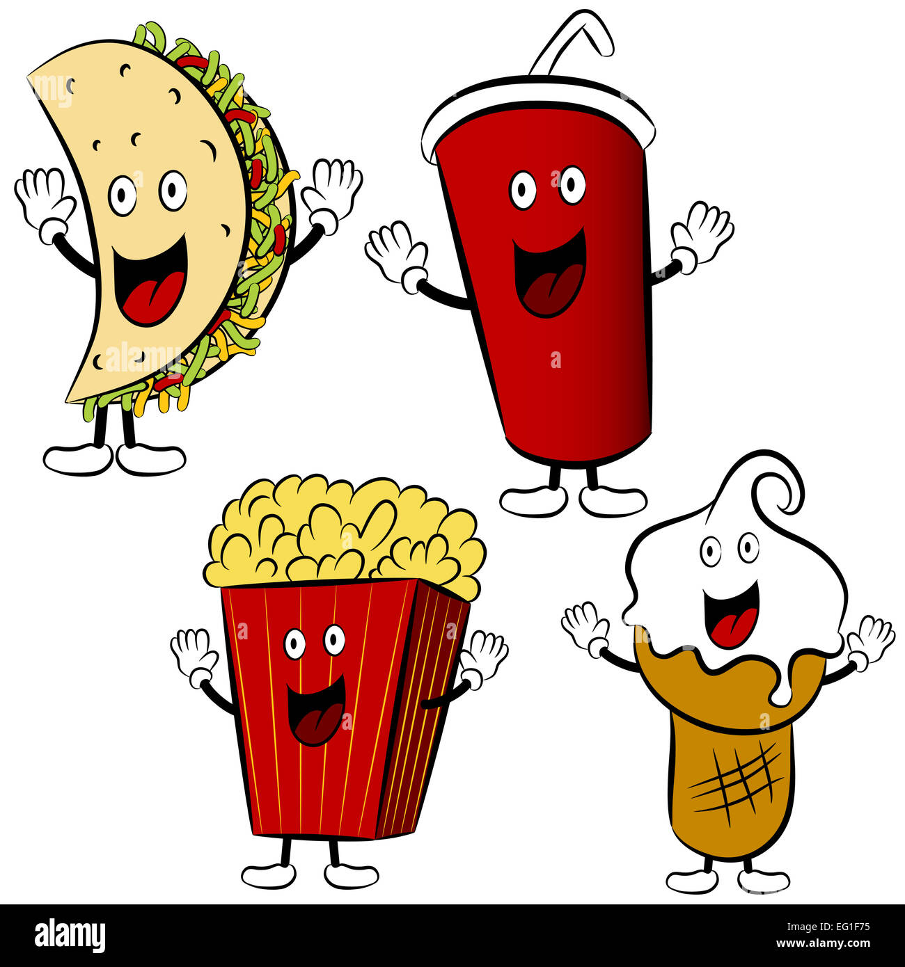 An image of a fast food taco, soda, popcorn and ice cream cartoon mascots. Stock Photo