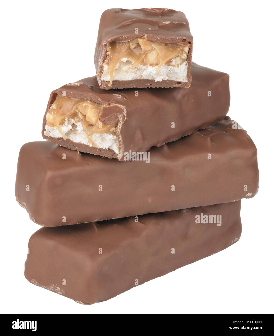 bar of chocolate bars lie to each other in a column. isolated on white background Stock Photo