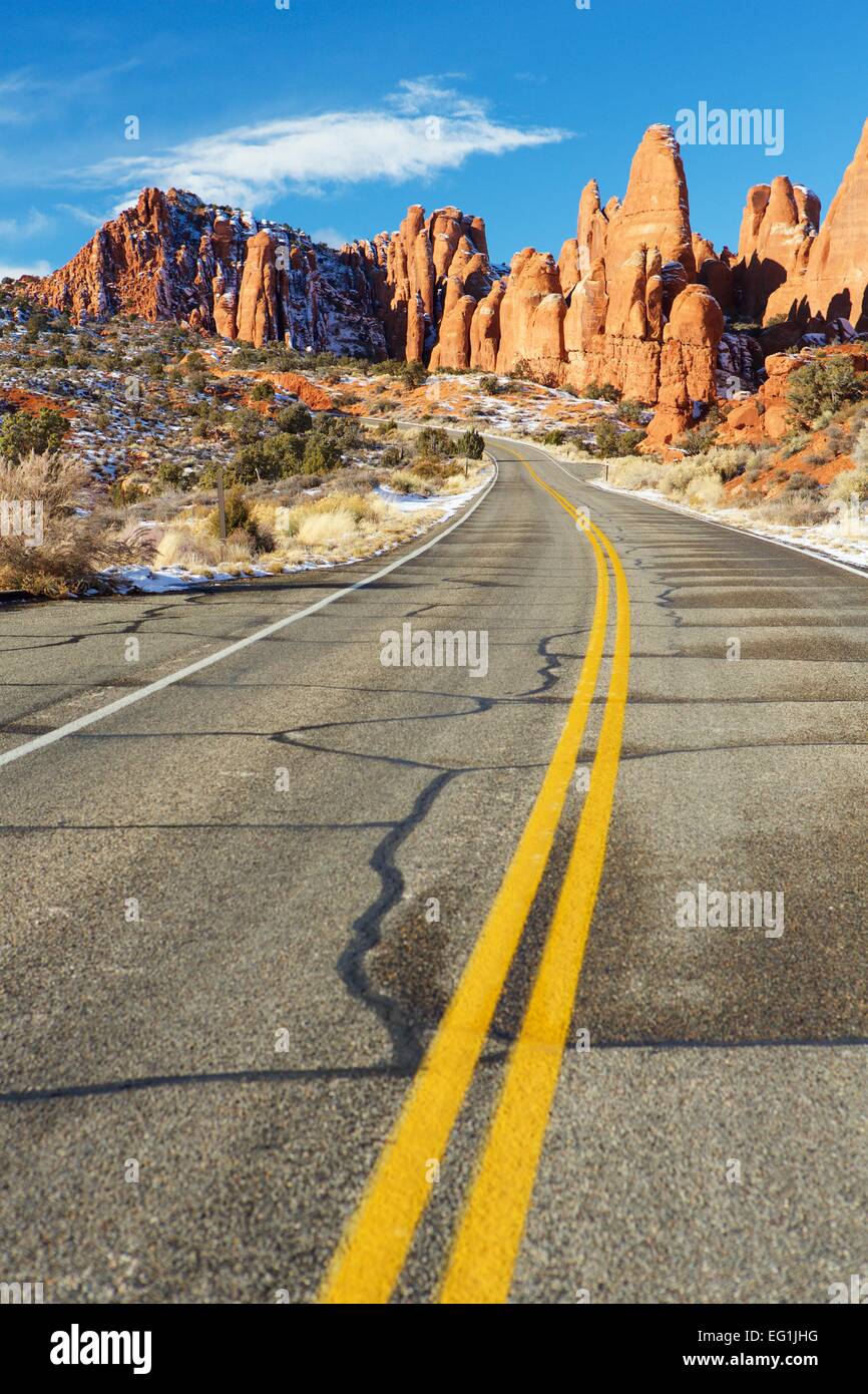 Arches National Park near Moab, Utah in winter with snow. Stock Photo