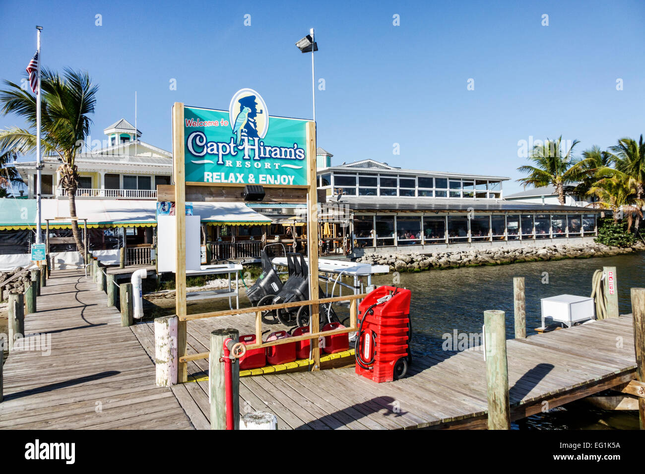 Florida,Sebastian,Captain Hiram's Resort,hotel,restaurant restaurants food dining cafe cafes,exterior,outside exterior,Indian River Lagoon,boat dock,F Stock Photo