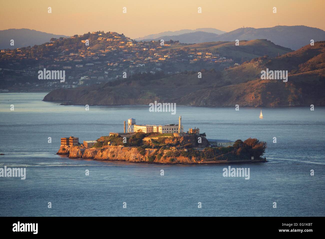 Gorgeous view of Alcatraz in San Francisco Bay at sunset Stock Photo