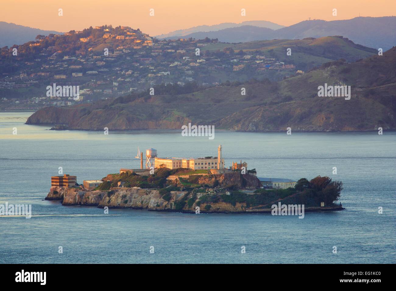 Gorgeous view of Alcatraz in San Francisco Bay at sunset Stock Photo