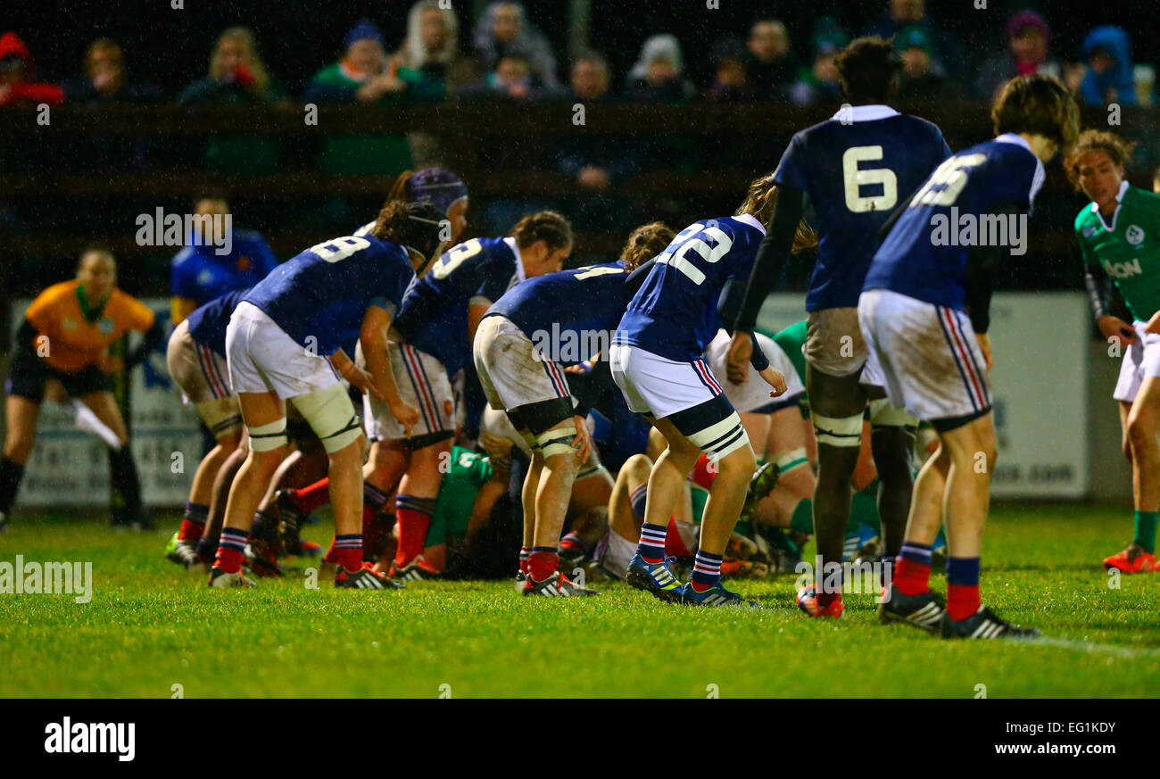 Ashbourne RFC, Ireland. 13th Feb, 2015. Women's 6 Nations. Ireland versus France. The French team defend their try line. © Action Plus Sports/Alamy Live News Stock Photo