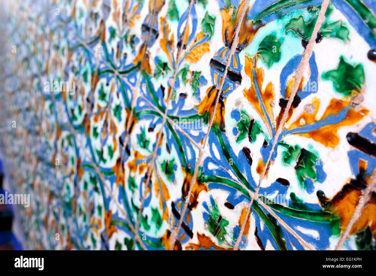 Azulejo ornament on the wall, Alcazar, royal palace, Seville, Andalusia, Spain Stock Photo