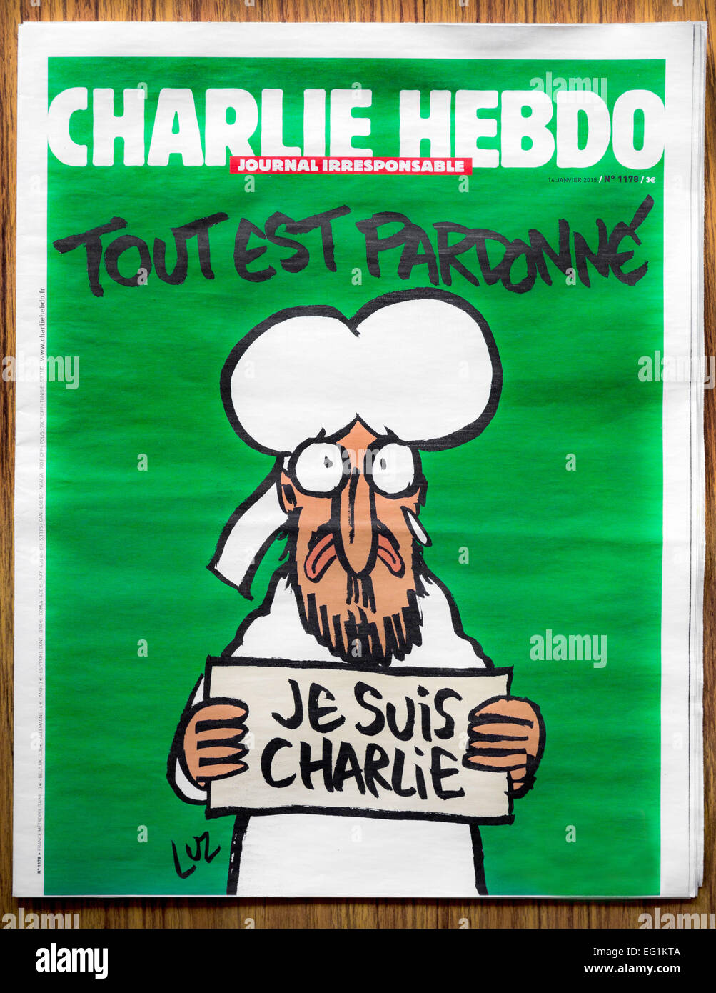 Cover of Charlie Hebdo issue No. 1178 - The “survivors’ issue' 14th January 2015 Stock Photo