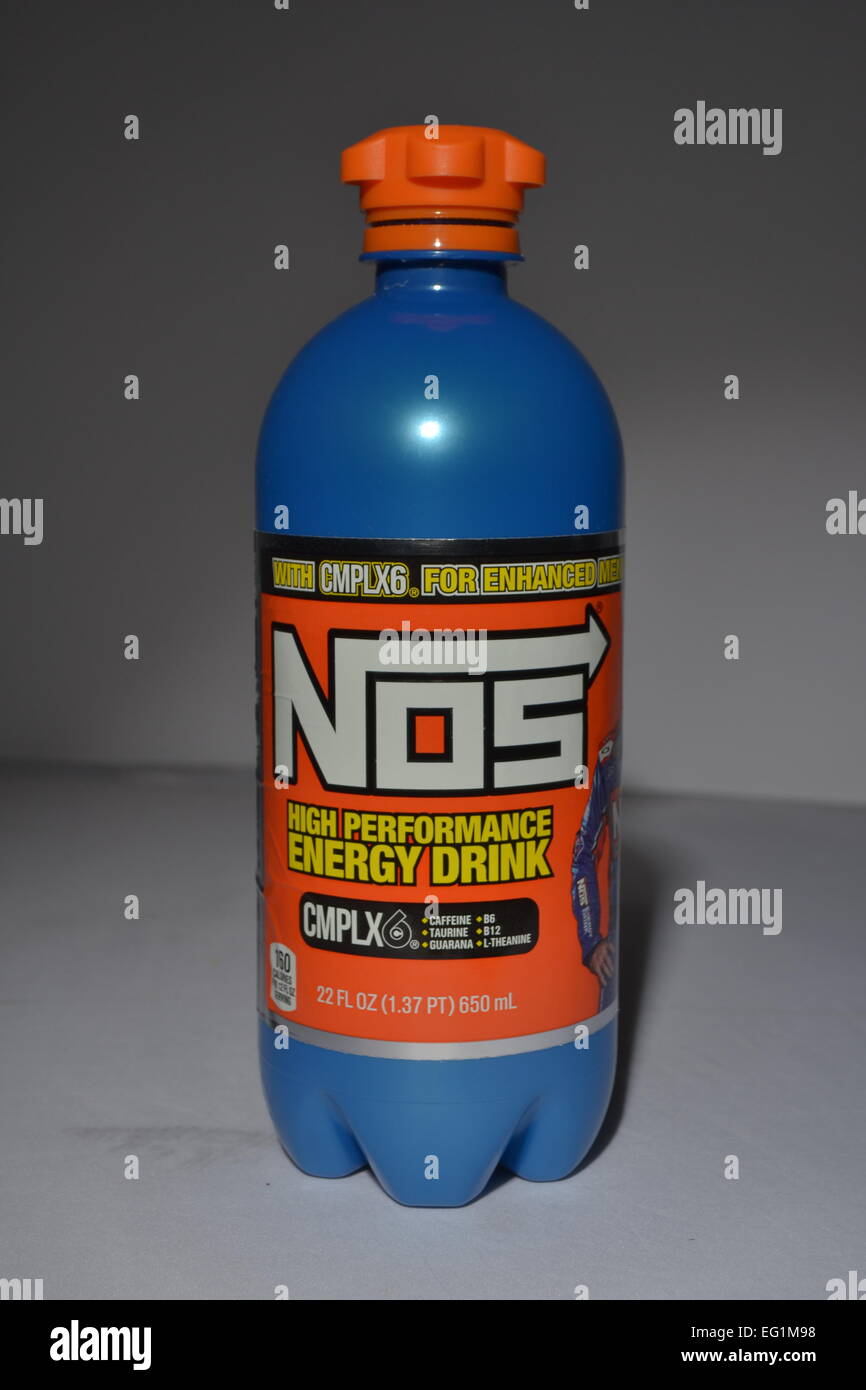 Nos energy drink, young adults, colorful, studio Stock Photo