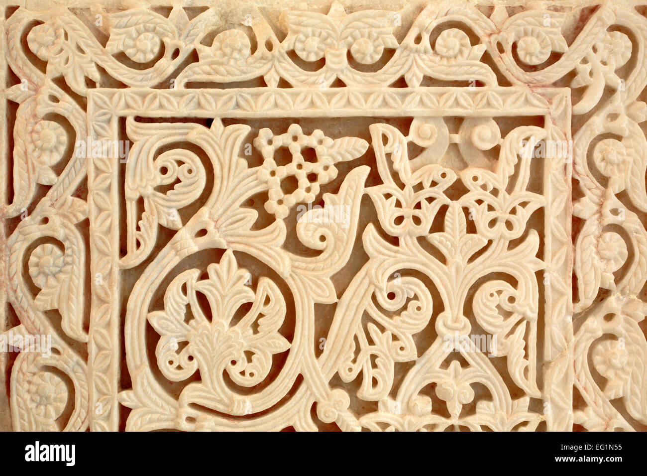 Stone carving art, arabesque panel, archeology museum, Medina Azahara, Cordoba, Andalusia, Spain Stock Photo