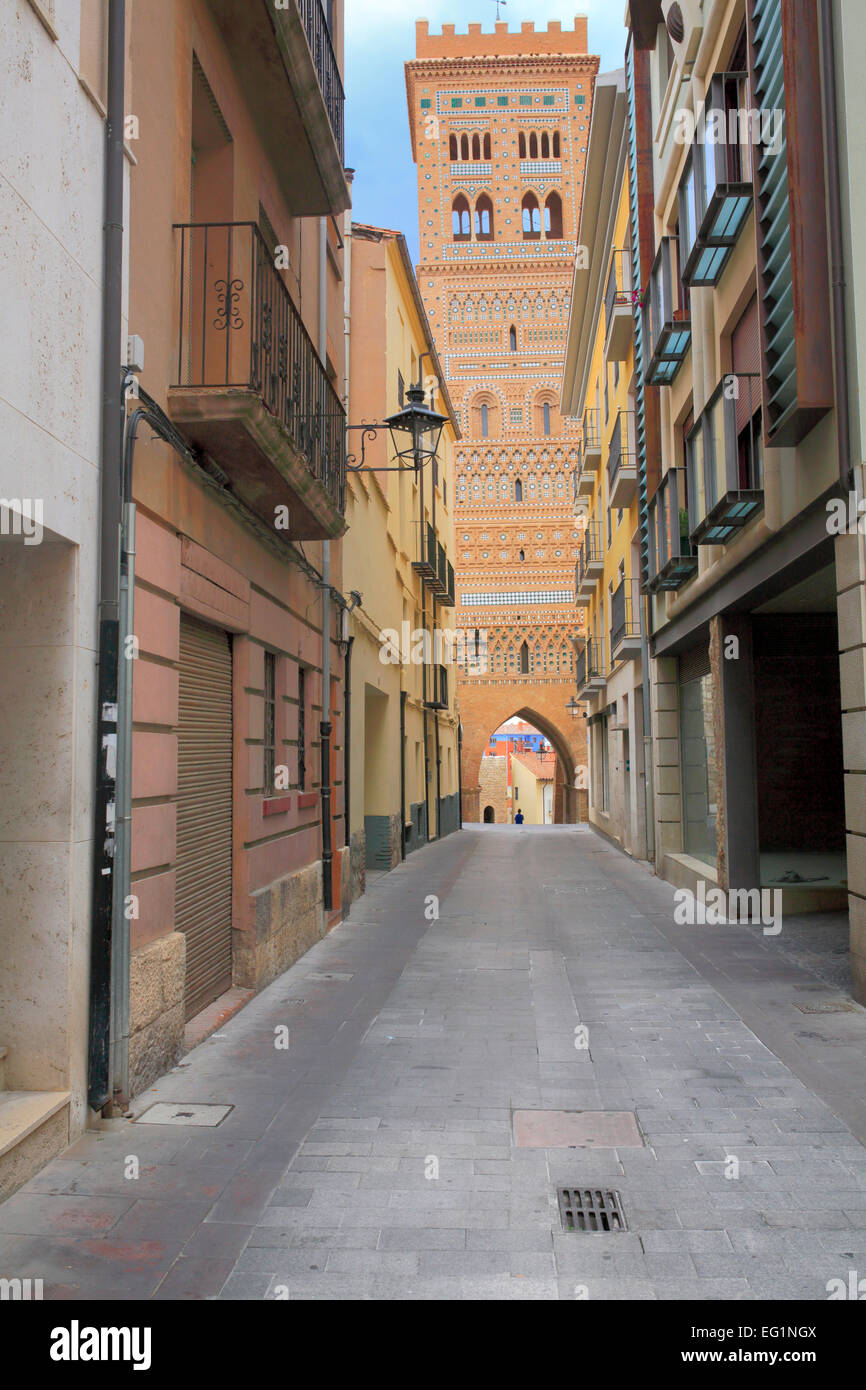 Mudejar tower, Street in old town, Teruel, Aragon, Spain Stock Photo