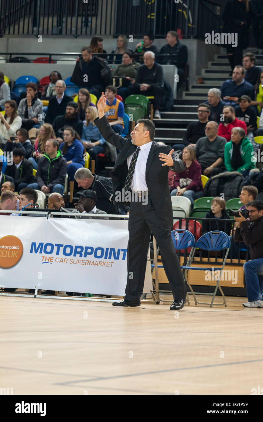 London, UK. 13th Feb, 2015.  Lions Head Coach Vince Macaulay during the London Lions vs Sheffield Sharks BBL Trophy game at the Copper Box Arena in the Olympic Park. Stock Photo