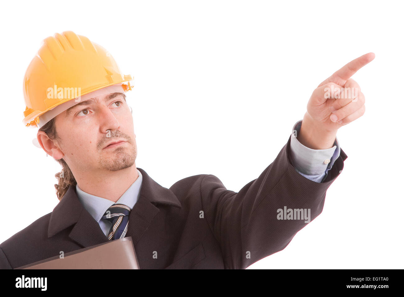 Engineer with yellow hat, pointing forward - isolated on white Stock ...