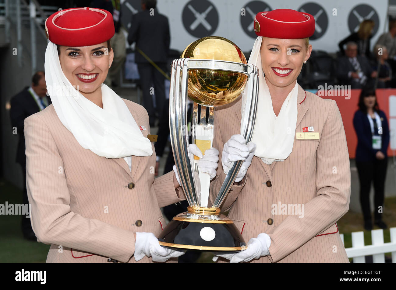 Christchurch, New Zealand. 14th Feb, 2015. CWC trophy with Emirates flight attendants at the ICC