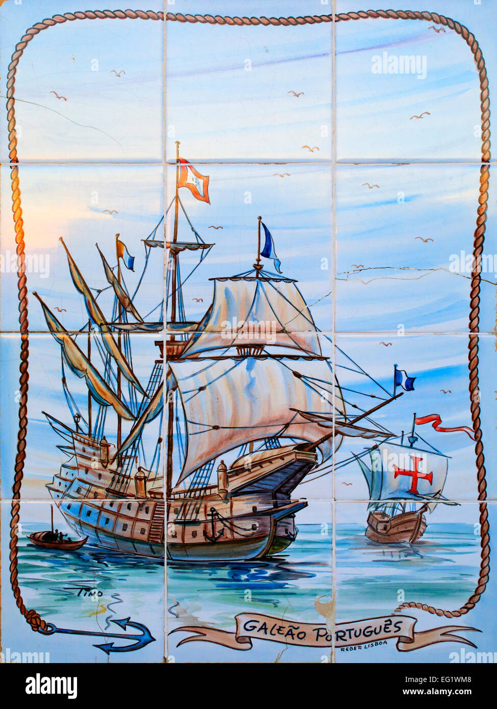 Azulejo with sail ship, cape Cabo da Roca, Portugal Stock Photo