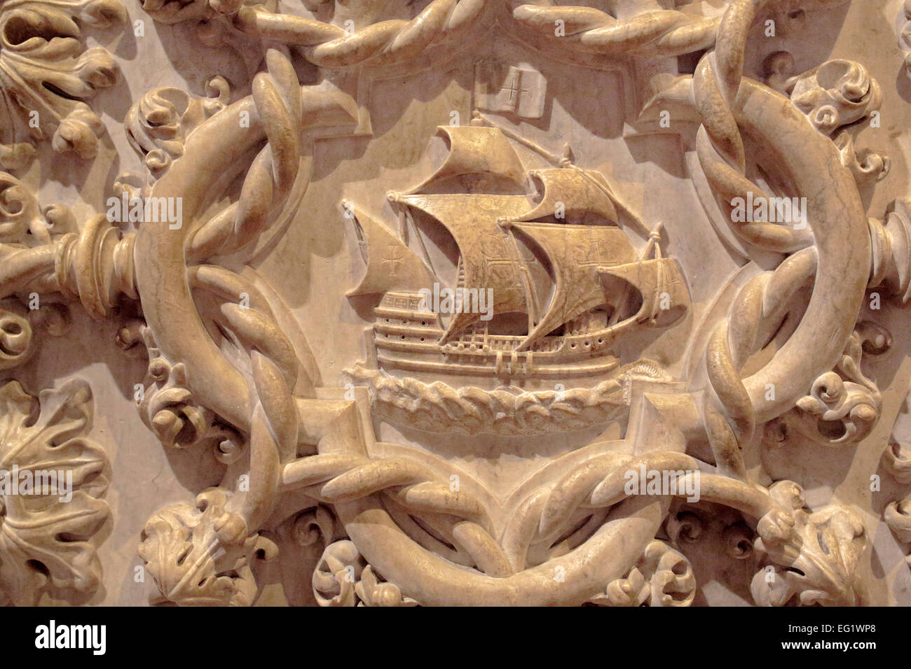 Sail ship, Tomb of navigator Vasco da Gama, Jeronimos monastery (Hieronymites Monastery), Church of Santa Maria, Lisbon, Portuga Stock Photo