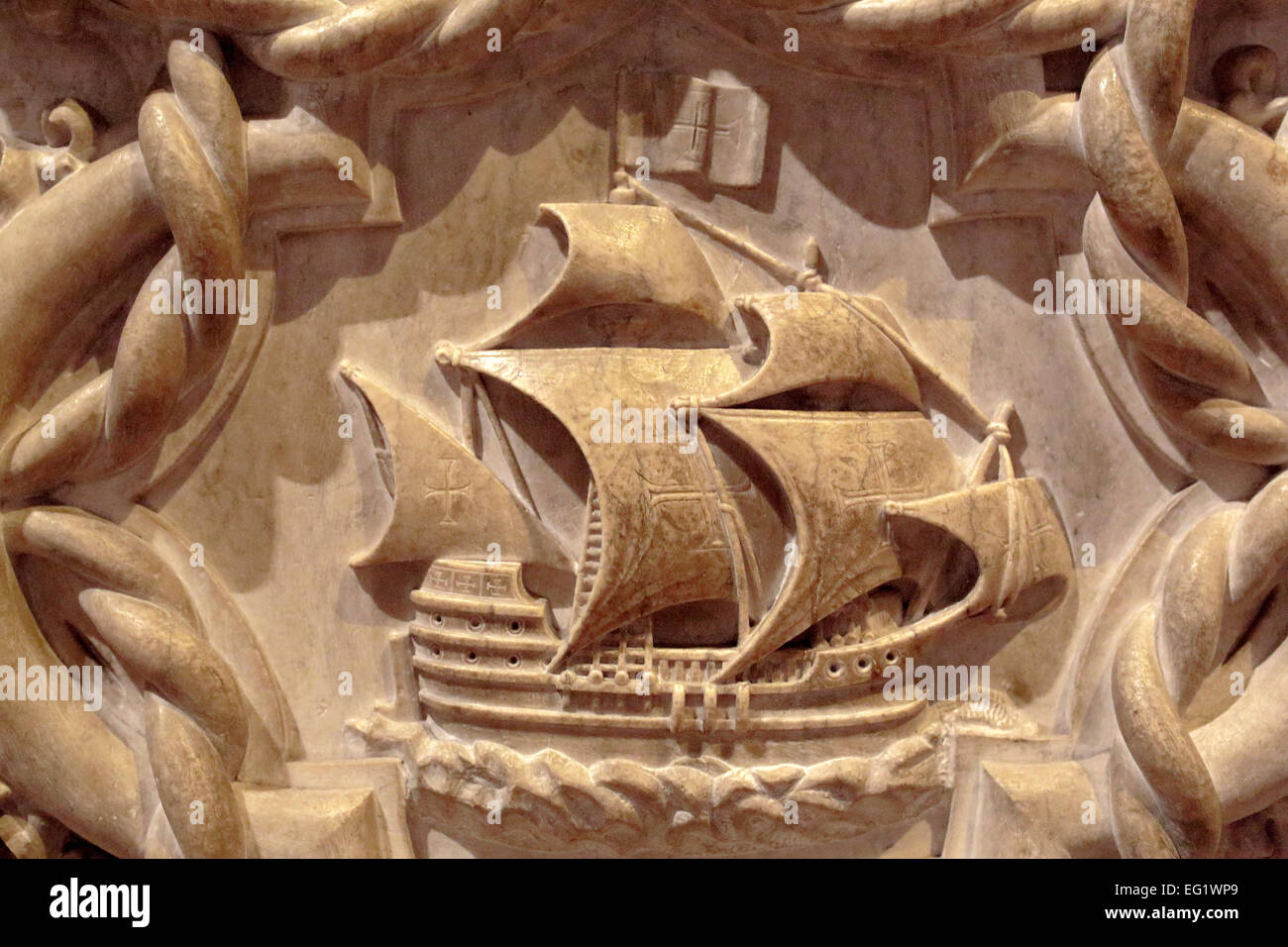Sail ship, Tomb of navigator Vasco da Gama, Jeronimos monastery (Hieronymites Monastery), Church of Santa Maria, Lisbon, Portuga Stock Photo
