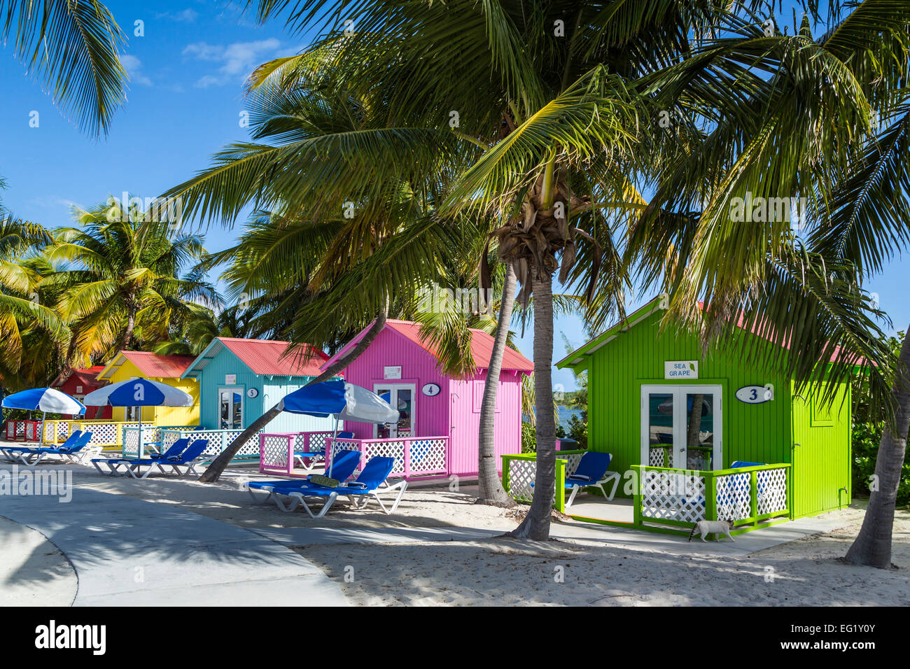 Colorful beach cottages for rent on Princess Cays, Bahamas, Caribbean