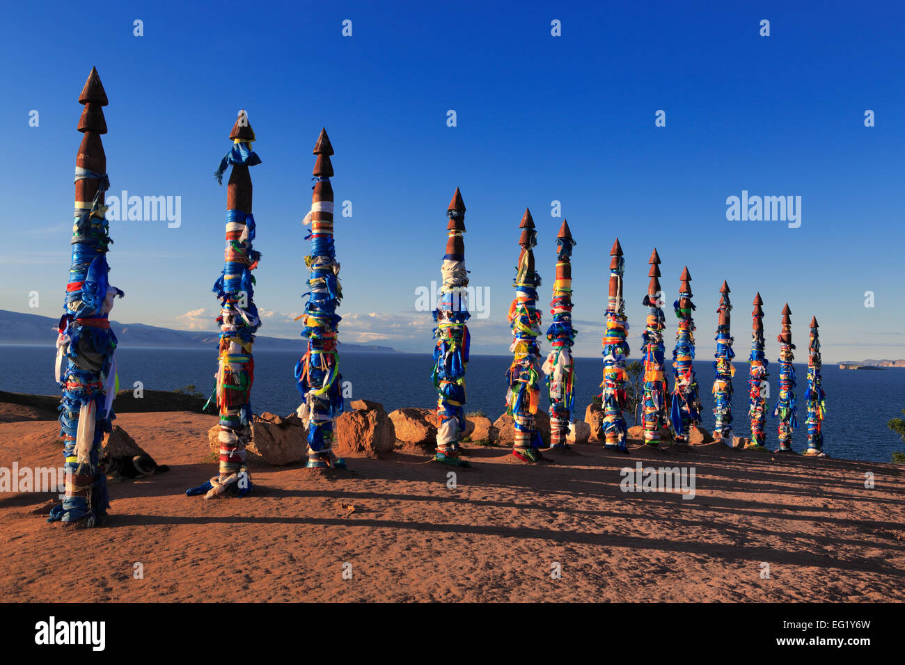 Totem poles, Olkhon island, landscape near Khuzhir, Baikal lake, Russia Stock Photo