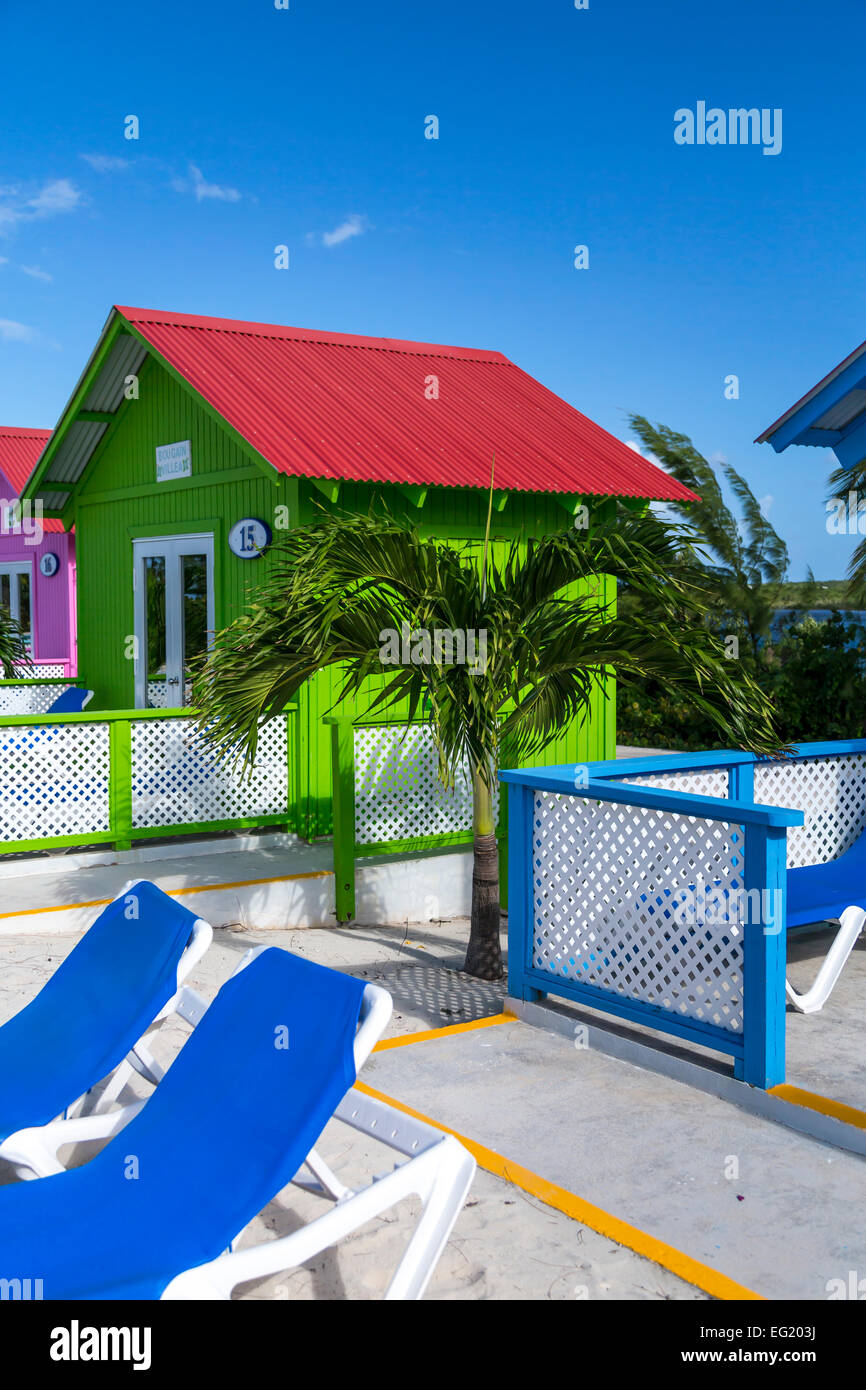 Colorful beach cottages for rent on Princess Cays, Bahamas, Caribbean