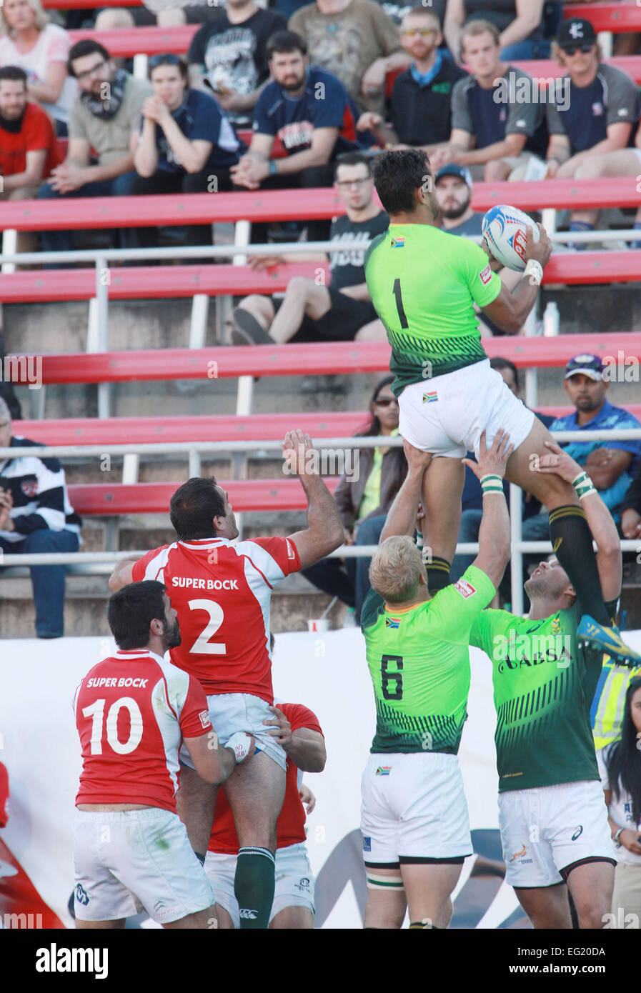 Las Vegas, Nevada, USA. 14th Feb, 2015. South Africa Springboks (Green Jerseys) compete against Portugal during the USA Sevens Rugby tournament at Sam Boyd Stadium on February 13, 2015 in Las Vegas, Nevada © Marcel Thomas/ZUMA Wire/Alamy Live News Stock Photo