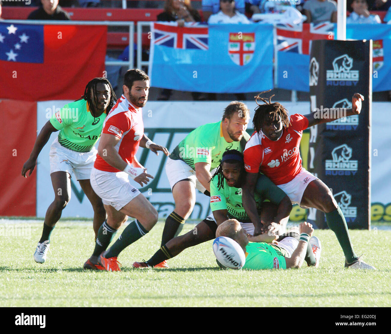 Las Vegas, Nevada, USA. 14th Feb, 2015. South Africa Springboks (Green Jerseys) compete against Portugal during the USA Sevens Rugby tournament at Sam Boyd Stadium on February 13, 2015 in Las Vegas, Nevada © Marcel Thomas/ZUMA Wire/Alamy Live News Stock Photo