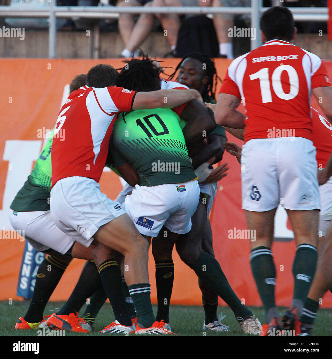 Las Vegas, Nevada, USA. 14th Feb, 2015. South Africa Springboks (Green Jerseys) compete against Portugal during the USA Sevens Rugby tournament at Sam Boyd Stadium on February 13, 2015 in Las Vegas, Nevada © Marcel Thomas/ZUMA Wire/Alamy Live News Stock Photo