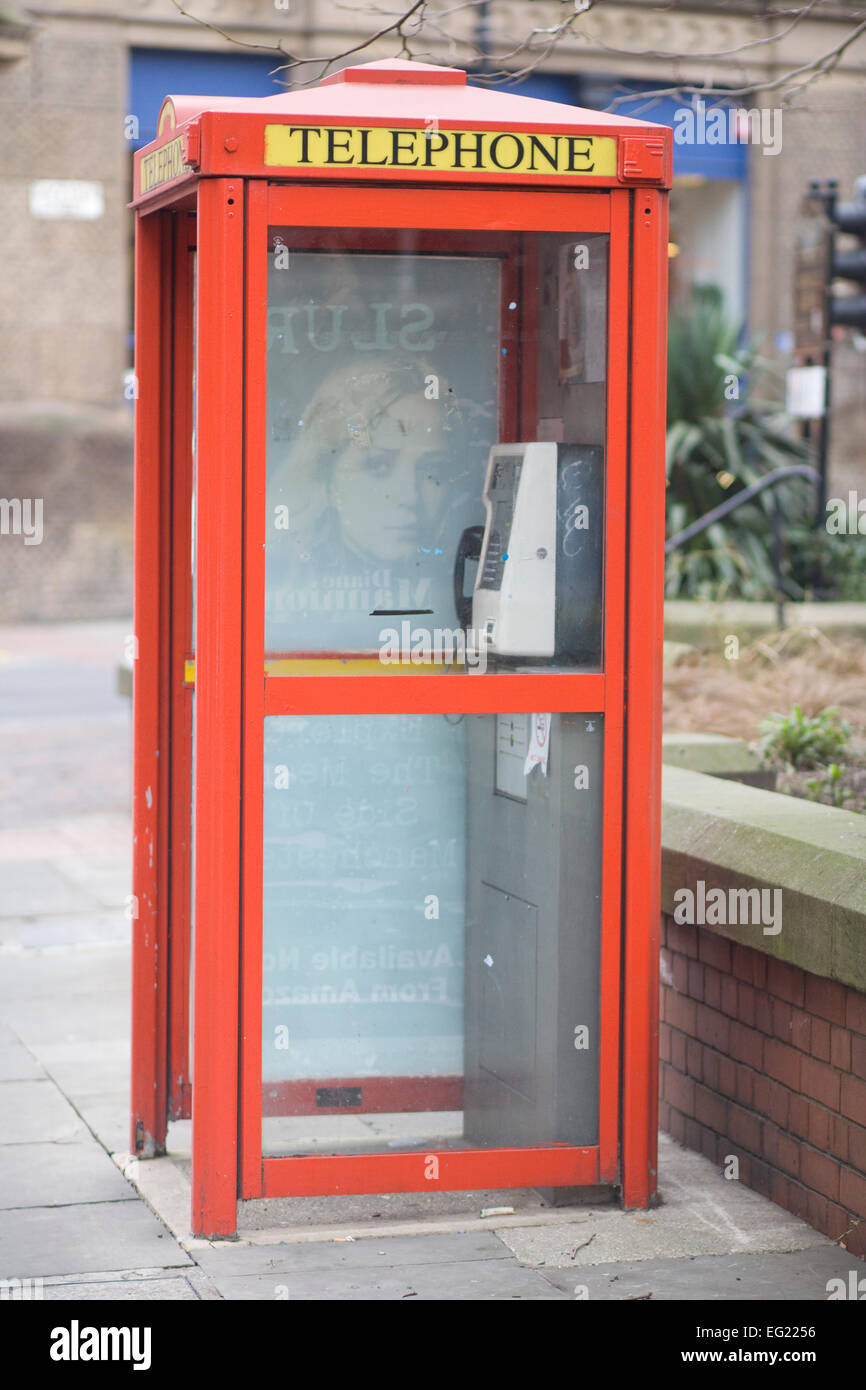 Red Public Telephone Boxes Liverpool Advertising Slur Stock Photo Alamy