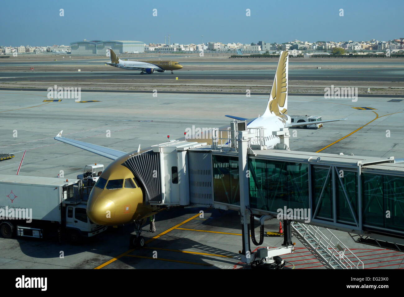 Gulf Air Airbus 320 on the stand at Bahrain International Airport, Muharraq, Kingdom of Bahrain Stock Photo