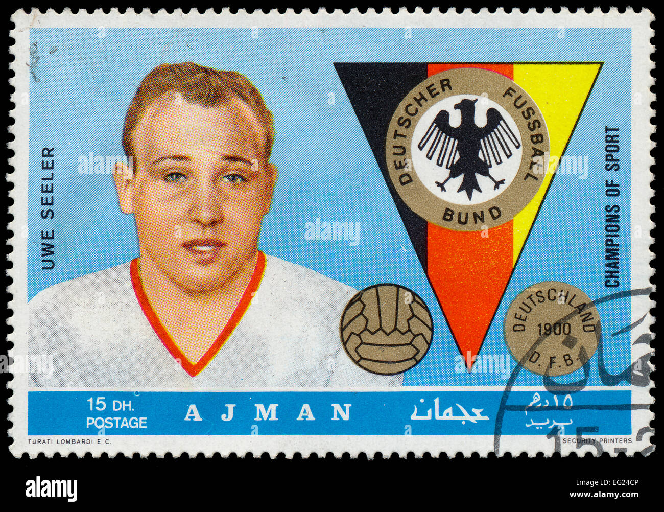 AJMAN - CIRCA 1969: a postage stamp printed in Ajman one of the emirares of the United Arab Emirates showing an image of Uwe See Stock Photo