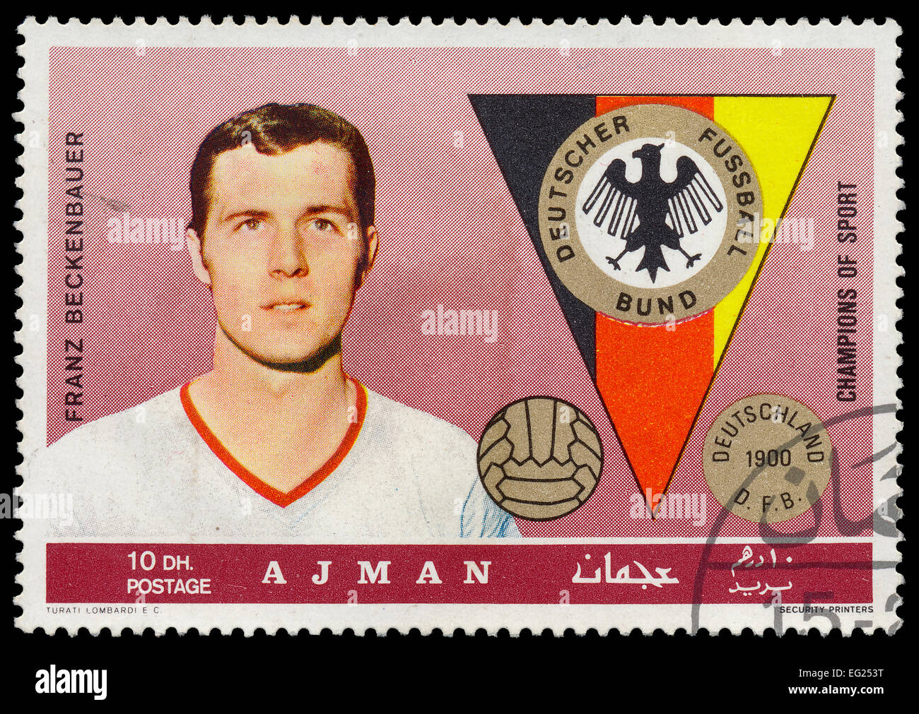 AJMAN - CIRCA 1969: a postage stamp printed in Ajman one of the emirares of the United Arab Emirates showing an image of Franz B Stock Photo