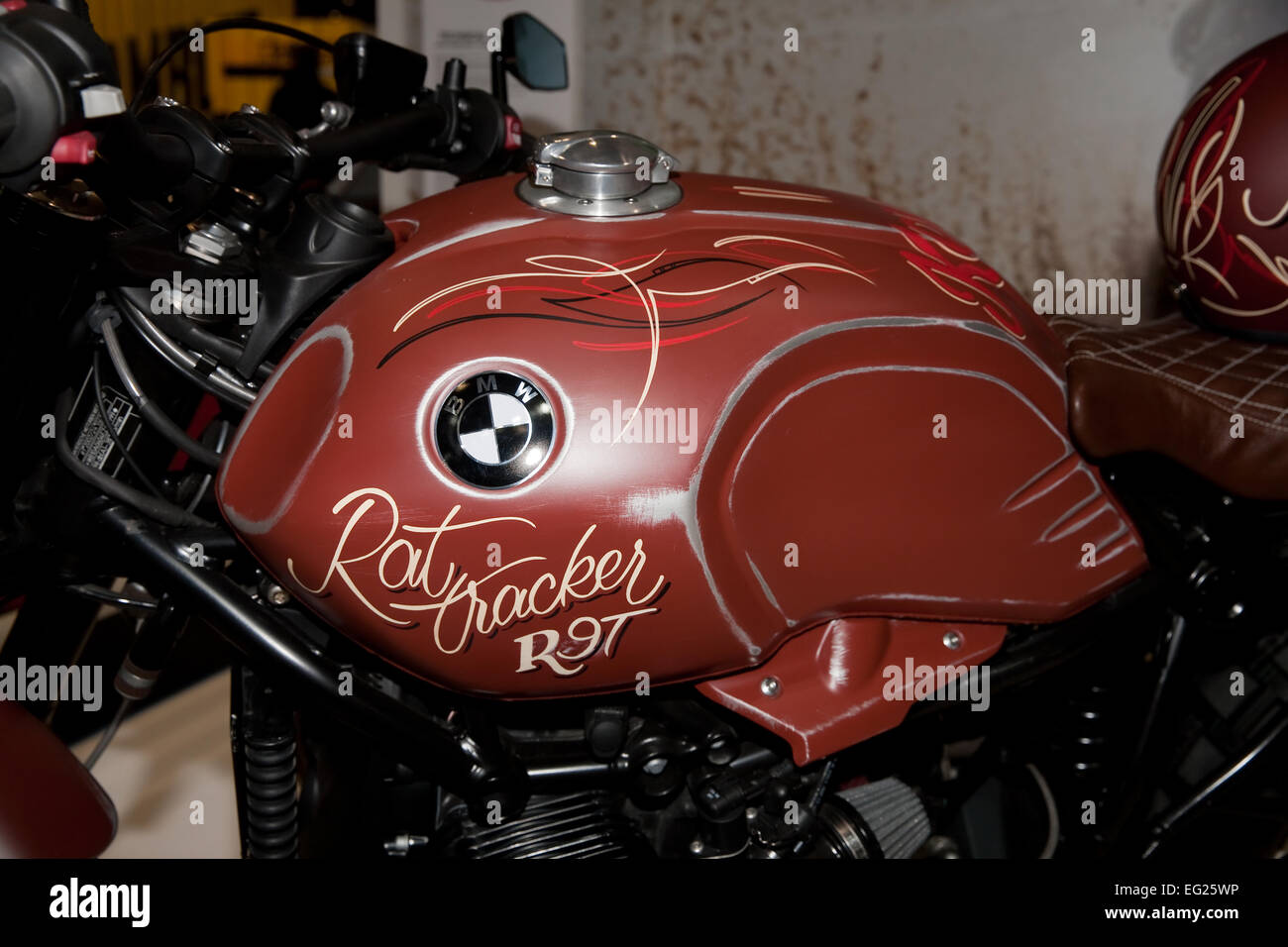 BMW rat tracker R9T fuel tank on show at the Carole Nash London Motorbike show at Excel in London Stock Photo