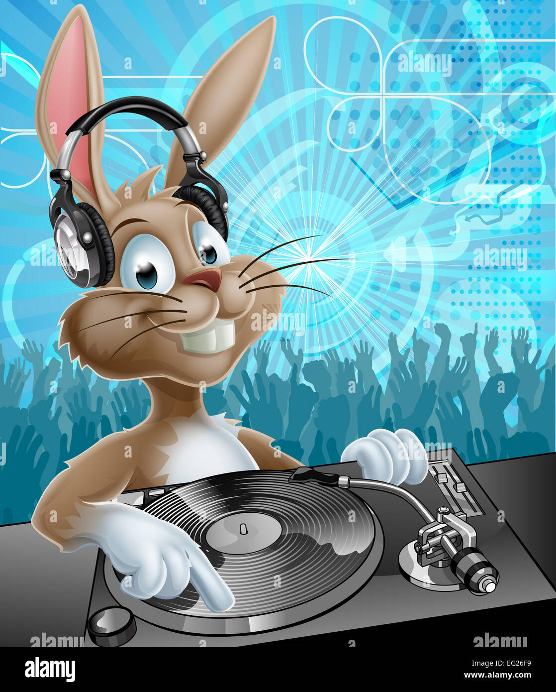 A cartoon Easter Bunny DJ with headphones on at the record decks with party dancing crowd in the background Stock Photo
