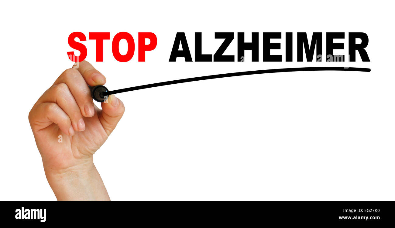 Hand underlining STOP ALZHEIMER with red marker Stock Photo Alamy