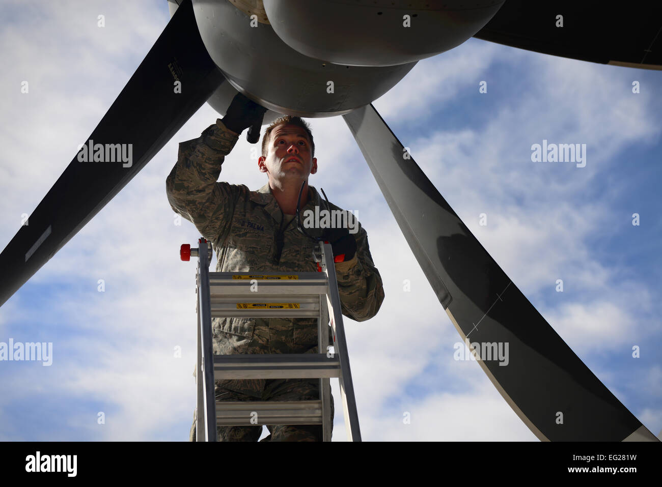 Tech. Sgt. James DiPalma, 27th Special Operations Aircraft Maintenance Squadron crew chief, performs intake and exhaust checks on an MC-130J Commando II Dec. 18, 2014, at Cannon Air Force Base, N.M. The checks ensure there are no foreign objects endangering the gunship’s engines.  Airman 1st Class Shelby Kay-Fantozzi   For more great Air Force photos, visit our Facebook page: www.facebook.com/usairforce  https://www.facebook.com/USairforce  . Stock Photo