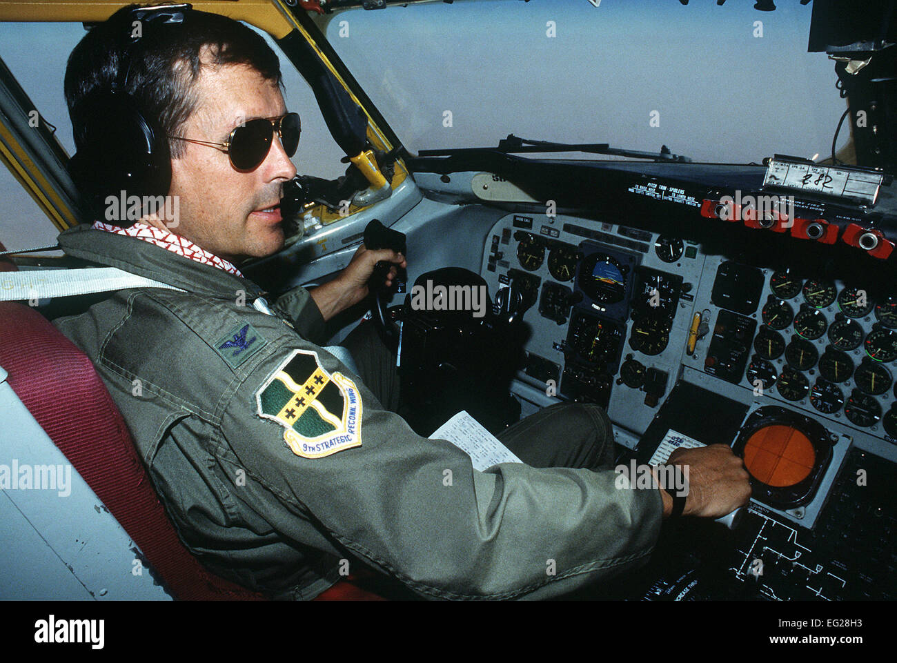 Col. Richard Salsbury, commander of the 1700th Air Refueling Squadron Provisional, 9th Strategic Reconnaissance Wing, flies a KC-135 Stratotanker during a refueling mission in support of Operation Desert Shield. Stock Photo