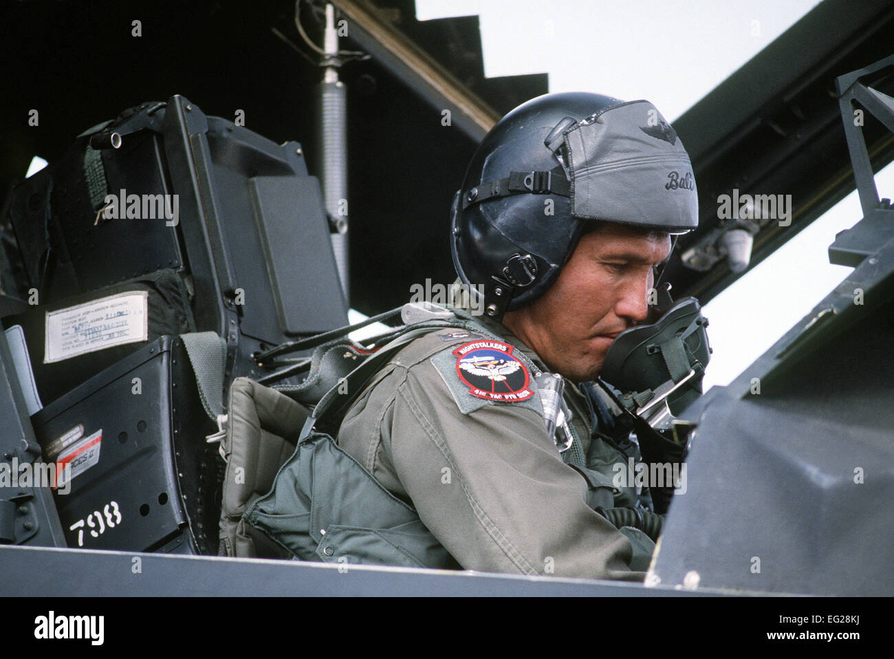Pilot Maj. Joe Bowley of the 37th Tactical Fighter Wing sits in the cockpit of this F-117A stealth fighter aircraft while getting ready for the flight home after Operation Desert Storm. Stock Photo