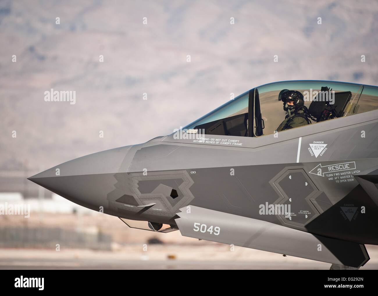 Capt. Brent Golden, 16th Weapons Squadron instructor, taxis an F-35A Lightning II at Nellis Air Force Base, Nev., Jan. 15, 2015. The F-35 Golden flew is the U.S. Air Force Weapons School’s first assigned F-35.  Staff Sgt. Siuta B. Ika &quot;For more photos from around the Air Force, visit our Facebook page at facebook.com/usairforce.&amp;quot  http://facebook.com/usairforce.&amp;quot  ; United States Air Force Stock Photo