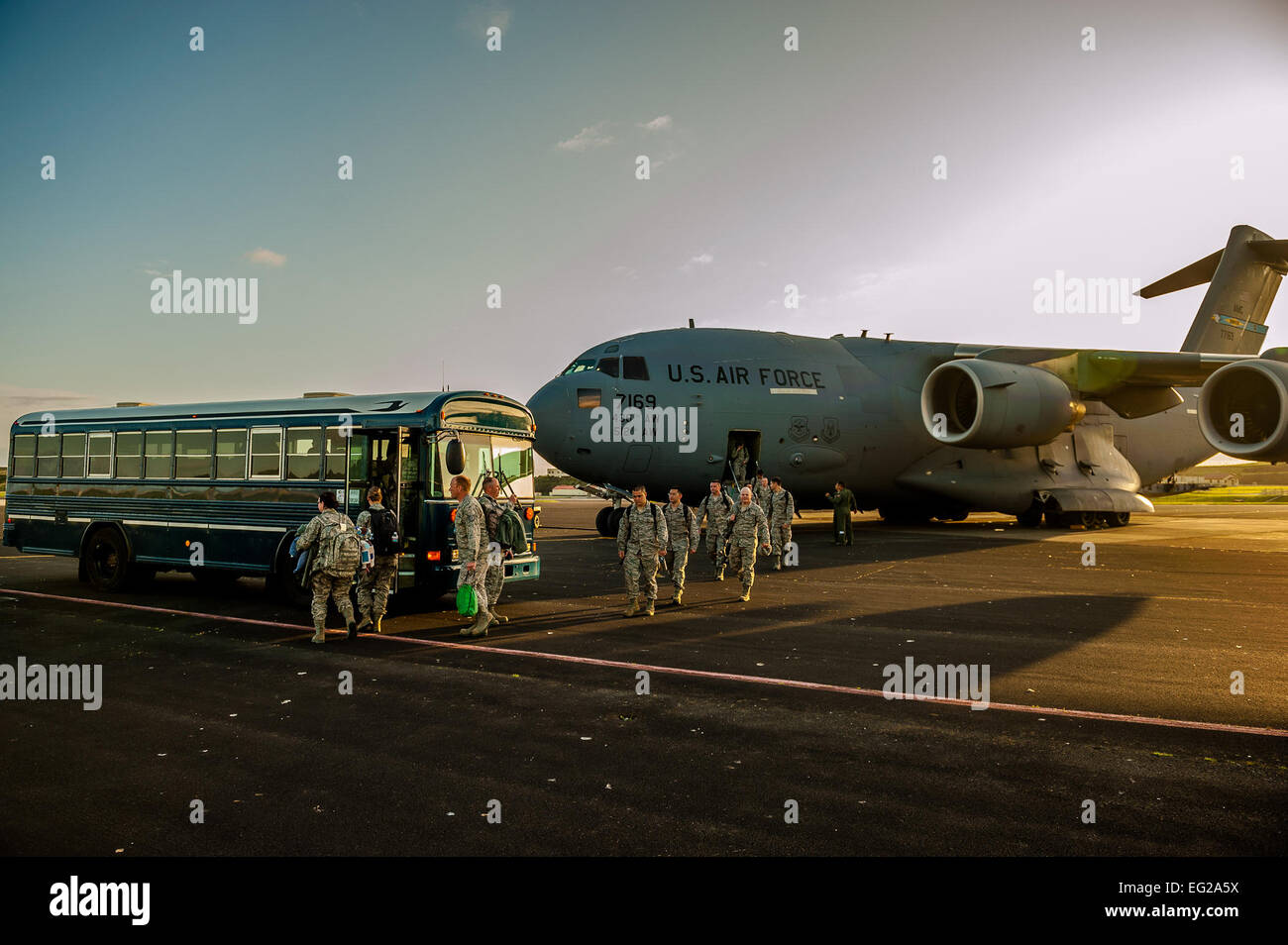 A C-17 Globemaster carrying reservists from the 419th Logistics Readiness Squadron at Hill Air Force Base, Utah, sits on the flightline at Lajes Field, Azores, June 8, 2012. Members of the 419th LRS will join with the 65th LRS to complete annual training and to exercise the 65th Air Base Wing's force reception abilities.  Lucas Silva Stock Photo