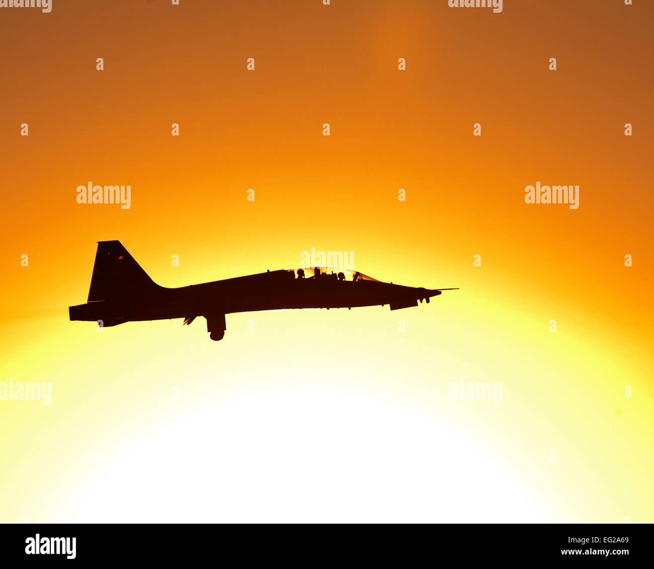 A student pilot from the 80th Flying Training Wing assigned to the Euro-NATO Joint Jet Pilot training program takes off at sunrise in a T-38 Talon Oct. 30, 2014, at Sheppard Air Force Base, Texas. The ENJJPT program is a challenging and rigorous 55-week course that tests pilots’ nerves and produces some of the best pilots in the world. U.S. Air Force photo bu Danny Webb Stock Photo